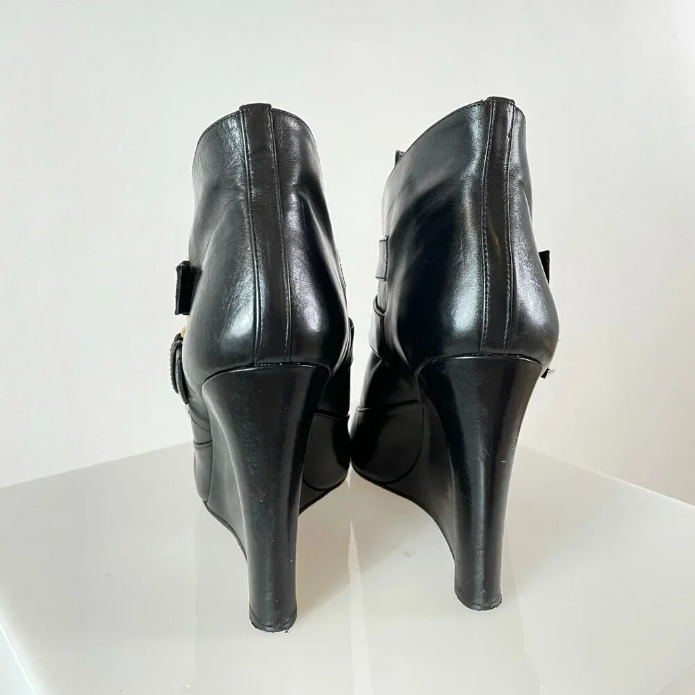 Minimalist | Derek Lam Black Leather Ankle Boot Wedge | Pointy Toe | Gold Buckle